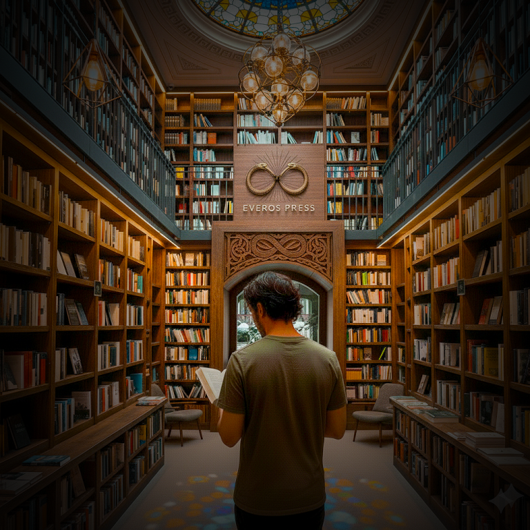 Everos library, a man reading under stained-glass dome – independent book publisher exploring spirituality, sexuality, and dark romance.