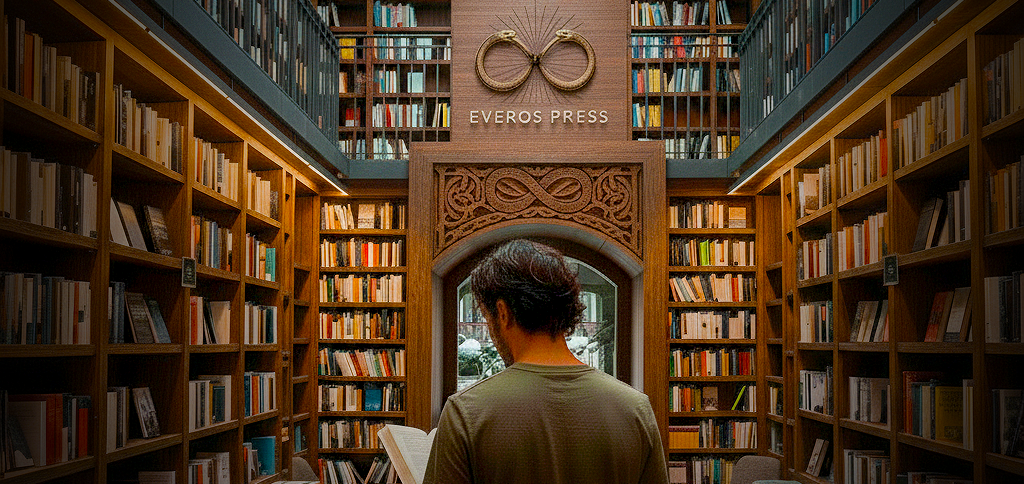 Everos Press bookshop man reading in an elegant library, stained-glass ceiling and infinity logo above the archway. Secret bookshop discover