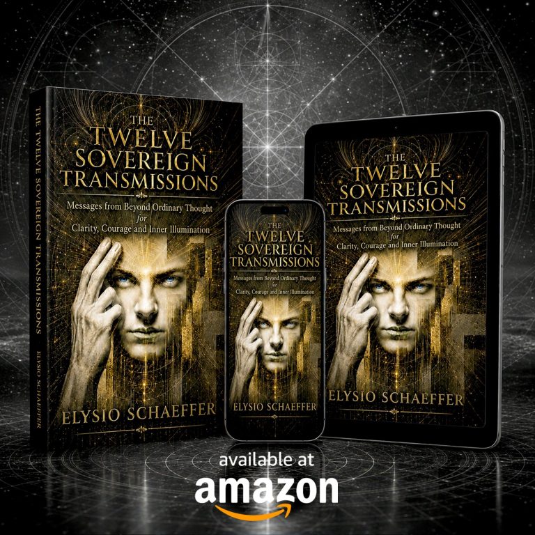 The Twelve Sovereign Transmissions by Elysio Schaeffer — illustrated spiritual guide shown in print, phone and tablet editions
